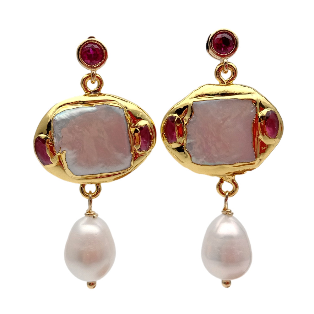 Freshwater Cultured White Square Pearl Rice Pearl Dangle Stud Earrings