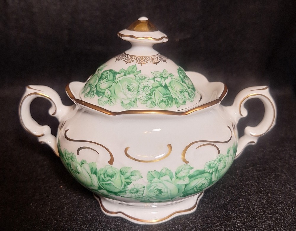 Schumann Germany Emerald Rose Creamer & Sugar Bowl