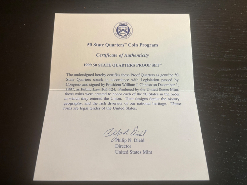1999 U.S. State Quarters Proof Set in Original Packaging