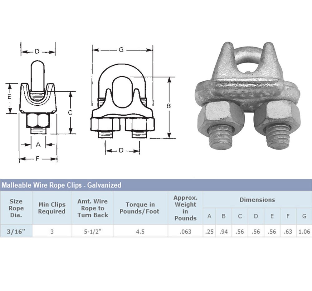 Drop Forged Galvanized Wire Rope Cable Clips 3/16 inch - 2 Pc