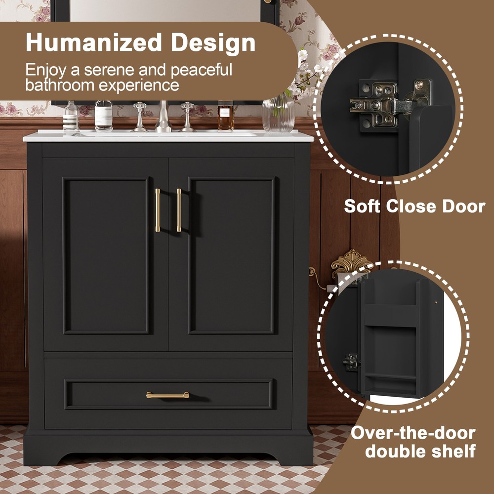 30" Bathroom Vanity w/ Sink, Black, Soft-Close Doors & Drawer, Solid Wood+MDF