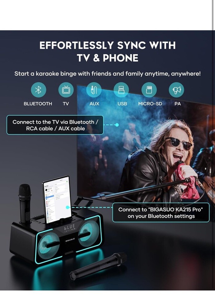 Portable Bluetooth Karaoke Machine with LED Lights & 2 UHF Wireless Microphones