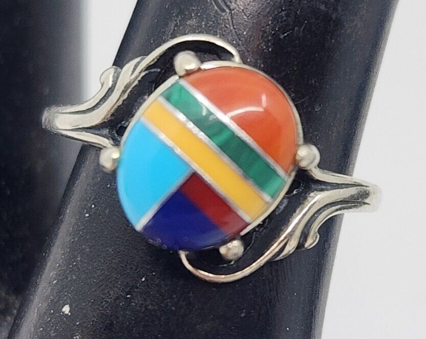 Southwest Style Sterling Silver Assorted Stone Ring Band Size 7