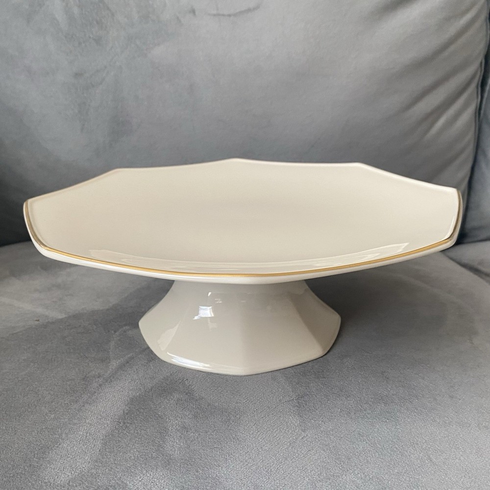 Lenox Special Cake Plate Stand Footed White Octagonal With Gold