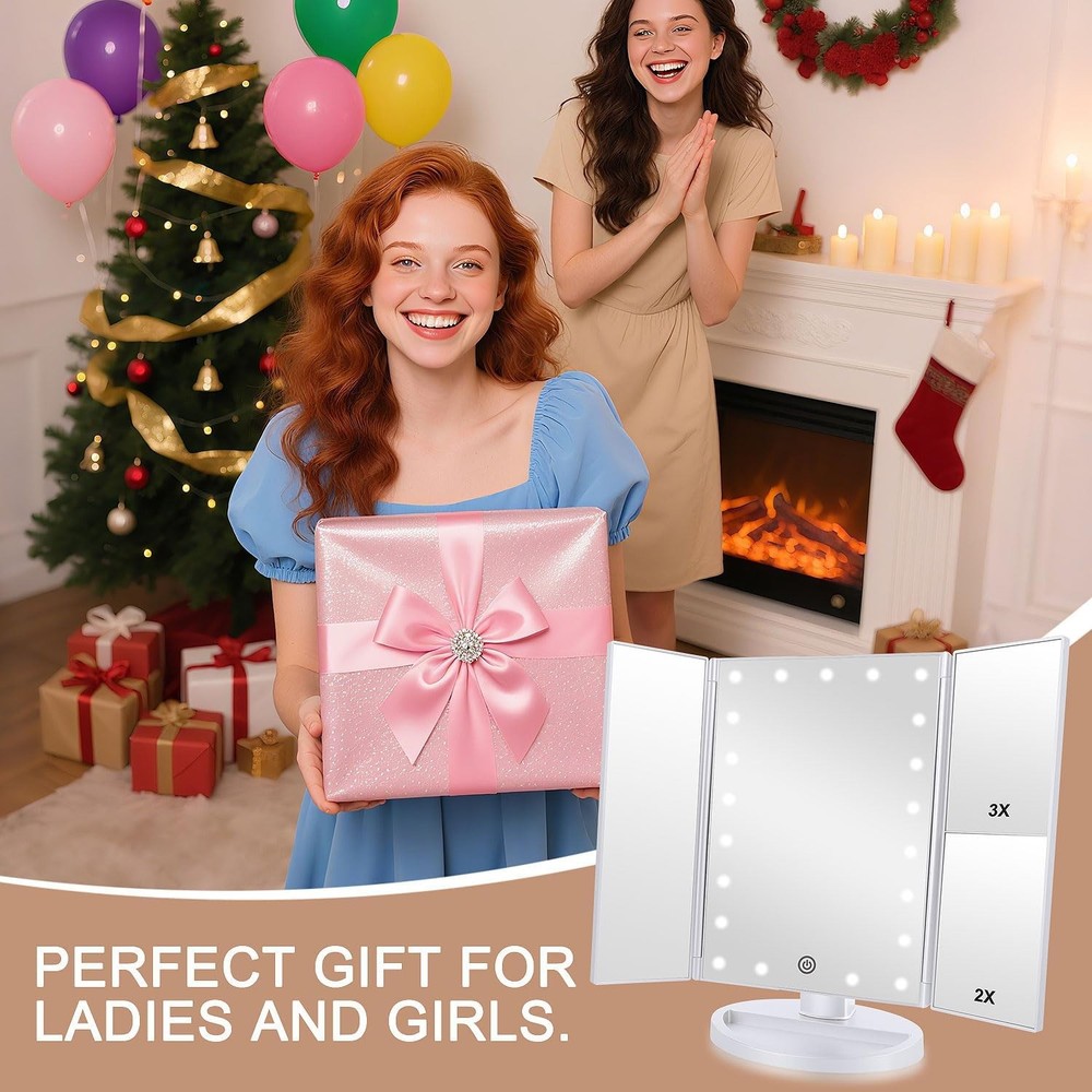 Floor Mount Tri-Fold Lighted Vanity Mirror with 21 LED Lights, Touch Screen