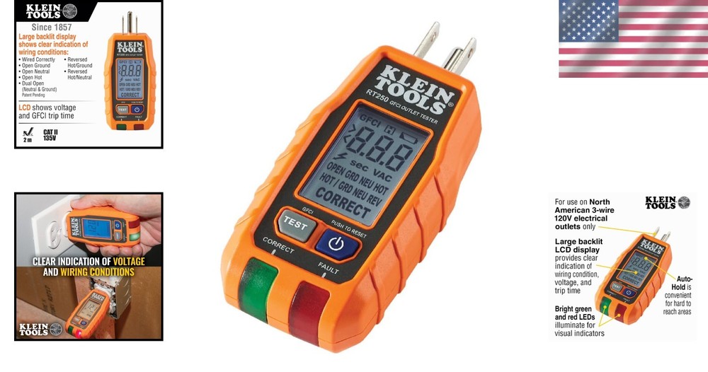 LCD GFCI Outlet Tester with Trip Time Display - Reliable Electrical Testing Tool