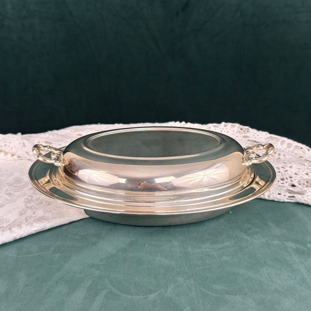 Vintage Elegant Silver Oval Serving Dish with Glass Dish