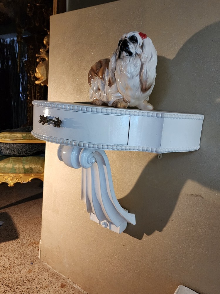 PAIR MID CENTURY MODERN Side Table or Consoles, Violin Scrolls Gloss White.