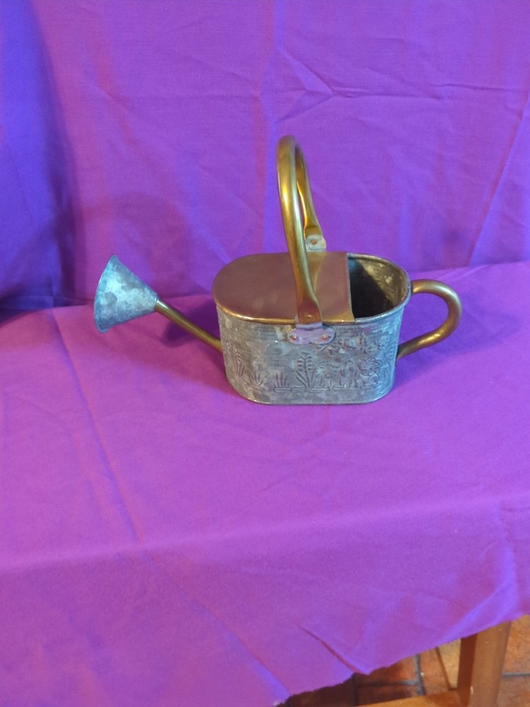 Mini Brass and Galvanized Watering Can Floral Embrossed Pattern
