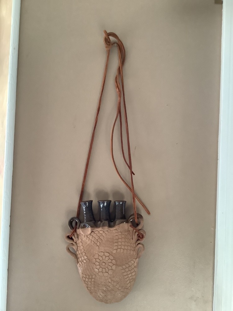 Handmade Pottery Wall Hanging Pocket Vase 3 Stems W/rawhide