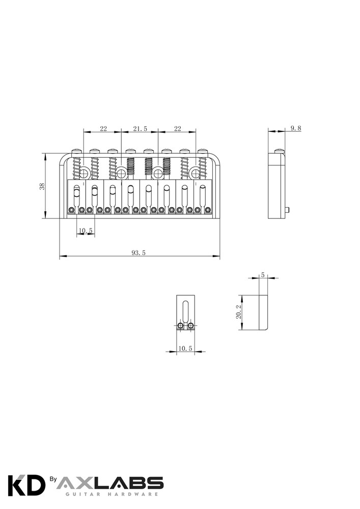 KD By AxLabs 8-String Hardtail Bridge - 4-Screw - Black