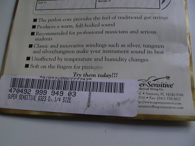 SENSICORE PERLON CORE SS6323 CELLO "D" STRING 1/4 SIZE