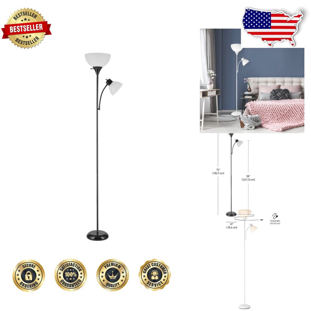 Modern 72" Black Floor Lamp, Dual Torchiere & Reading Light, Space-Saving
