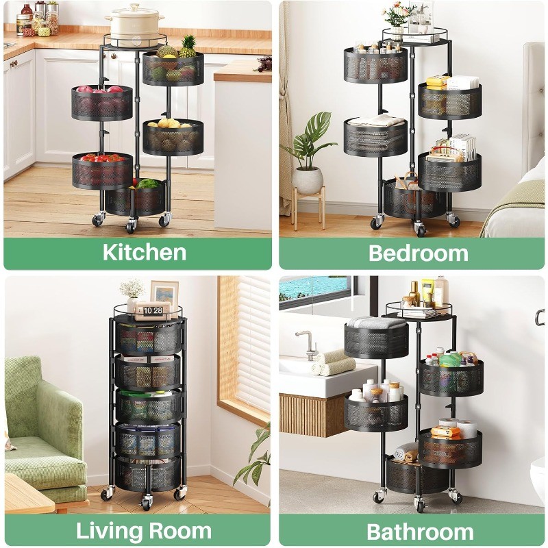 Fruit Vegetable Basket for Kitchen, Rotating Storage Rack, 5 Tier Rolling Cart