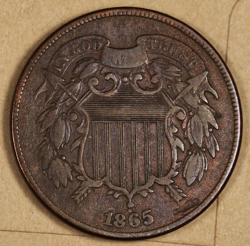 1865 2 Cent Piece.  Error.  Strike over Obverse Right of Date.  VF.  191362
