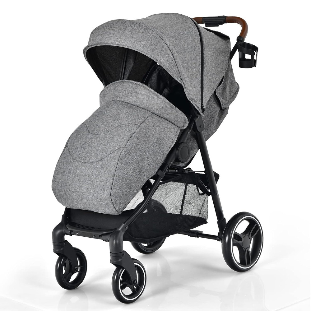 Foldable Baby Stroller with Adjustable Canopy & Storage Basket - Gray
