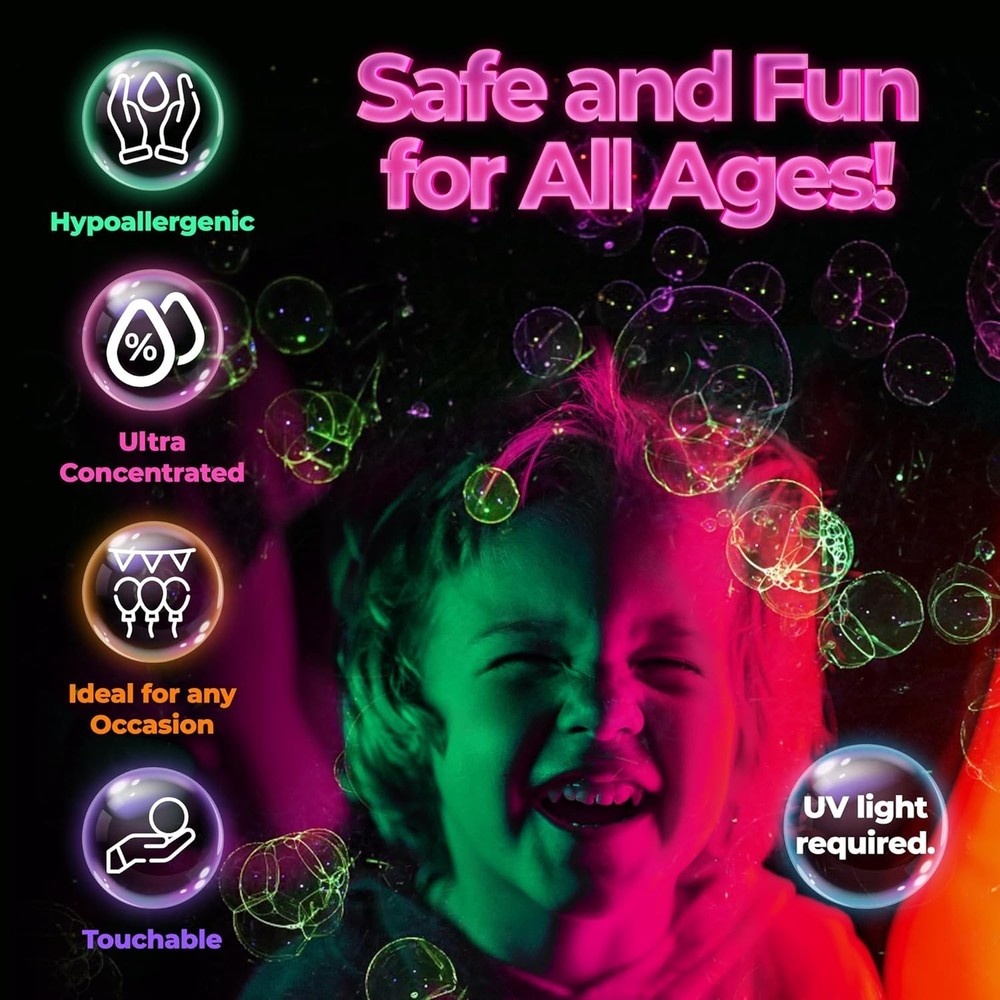 UV Glow Bubble Solution 1/2 Gallon – Safe Neon Bubbles for Black Light Parties