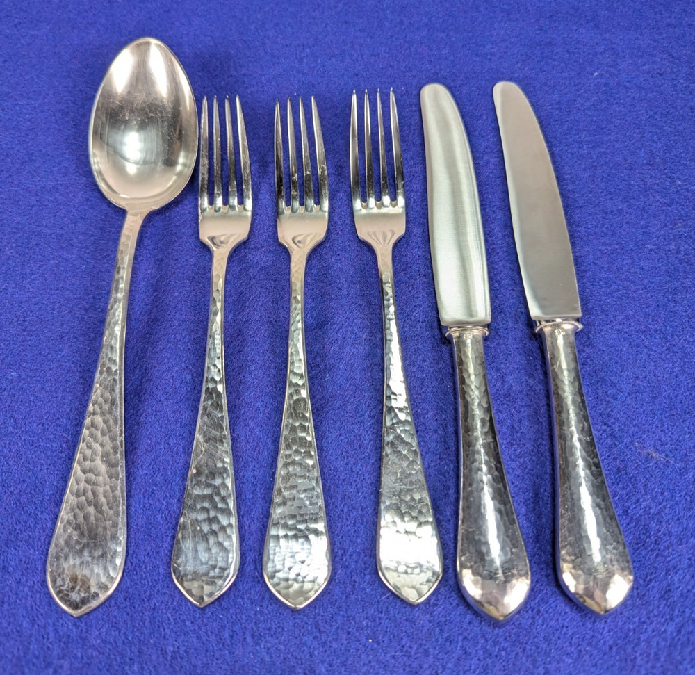 R.U.B. Germany 90 Mixed Lot (6) SilverPlated Flatware Hammered Pattern Vtg 1960s