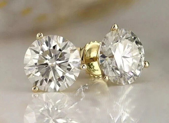 2 Ct Round Lab Grown Diamond Stud Earrings, 14k Gold, EF-VS, Push Back