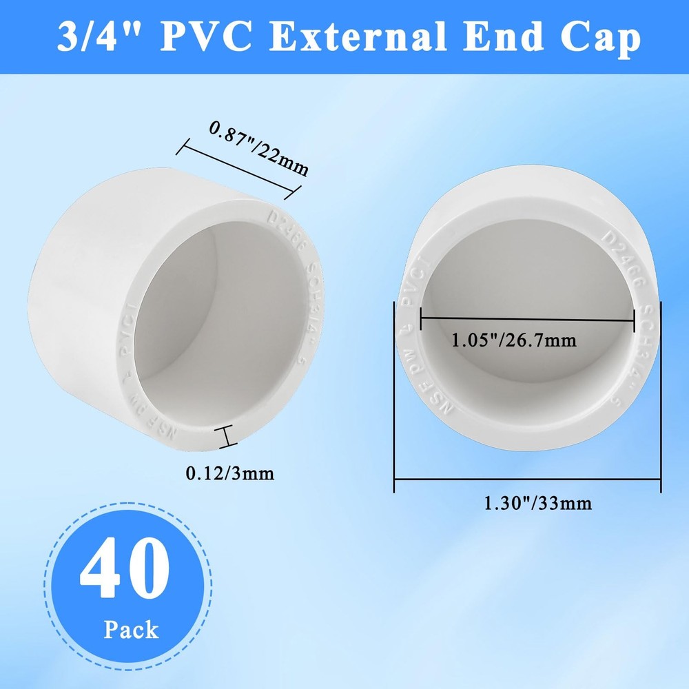 Boocalny 40 Pack 3/4" PVC External End Cap, Pipe Caps Fitting, White