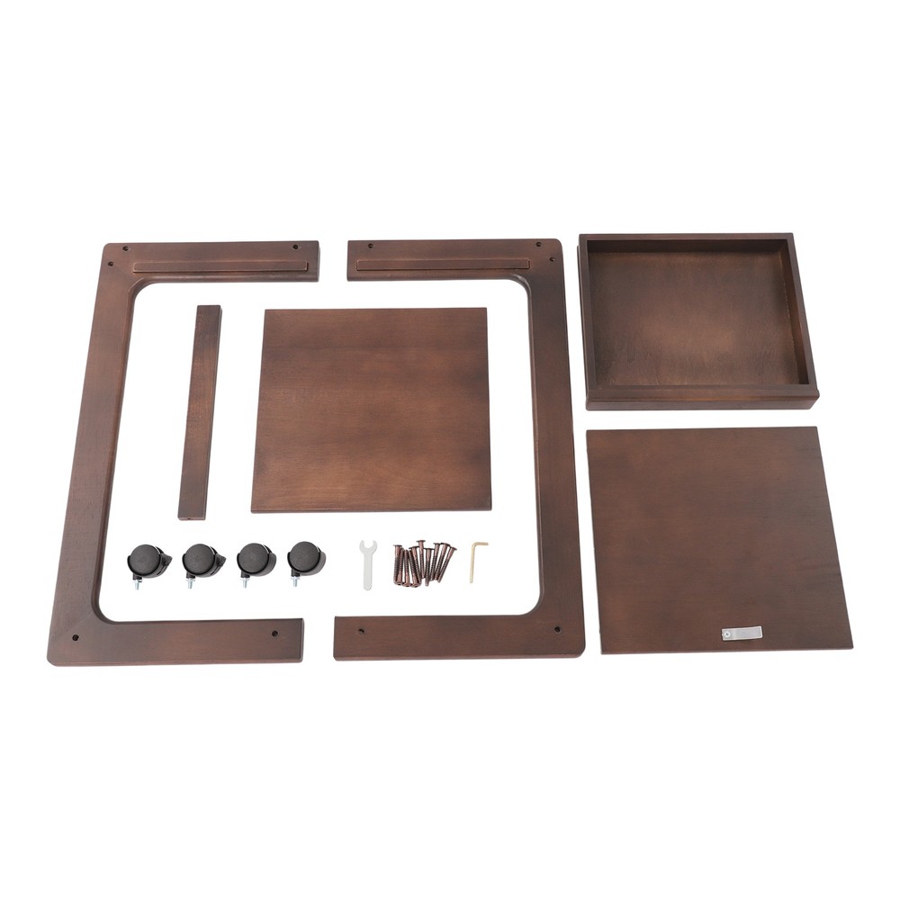 2-Tier Solid Wood C-Shaped Side Table with Drawer and Lockable Wheels