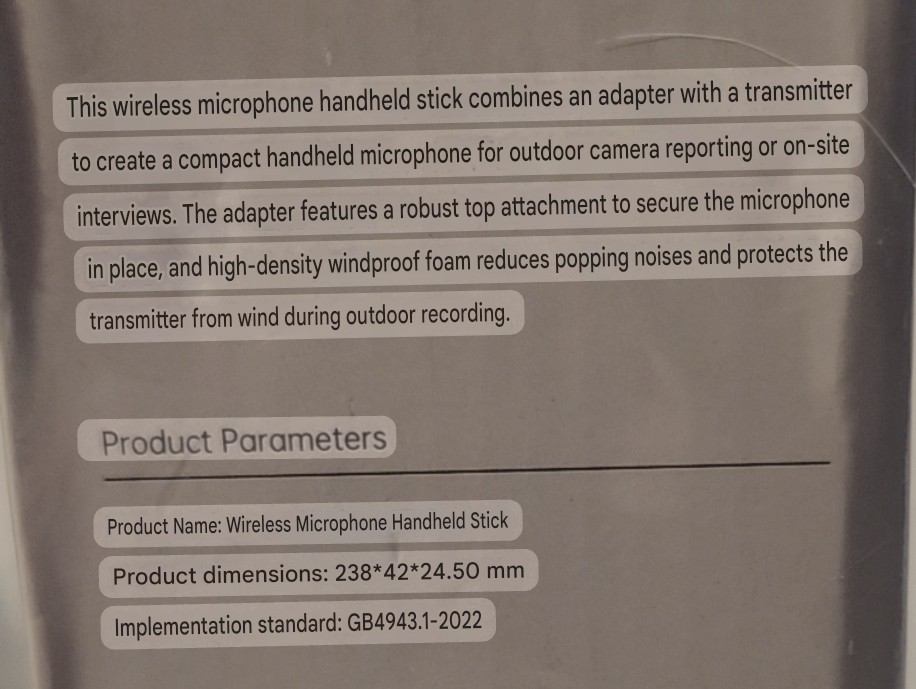 Handheld adapter stick for a compact wireless microphone system, INTERVIEW