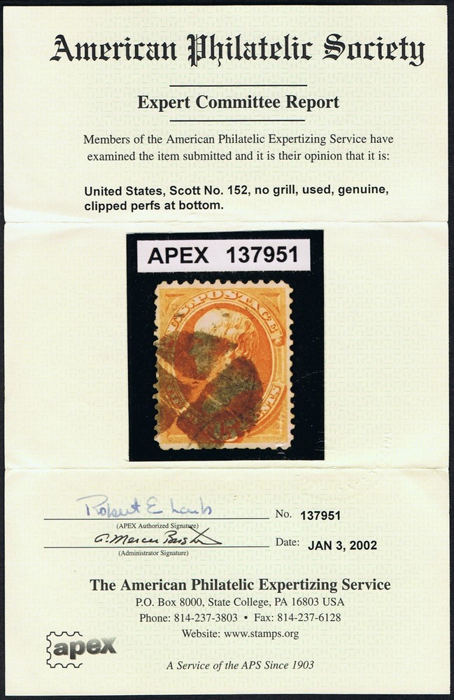 STUNNING SCOTT #152 USED XF QUARTERED SEGMENTED CORK CANCEL APS CERT