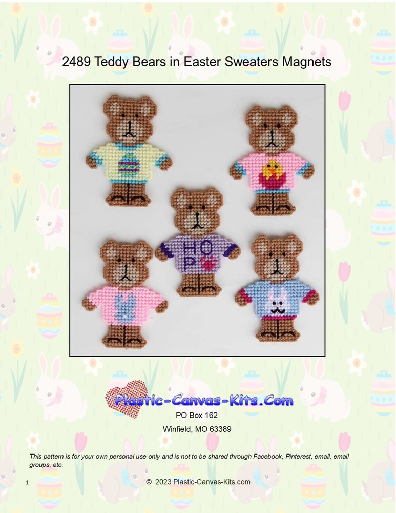 Teddy Bears in Easter Sweaters Magnets-Plastic Canvas Pattern or Kit