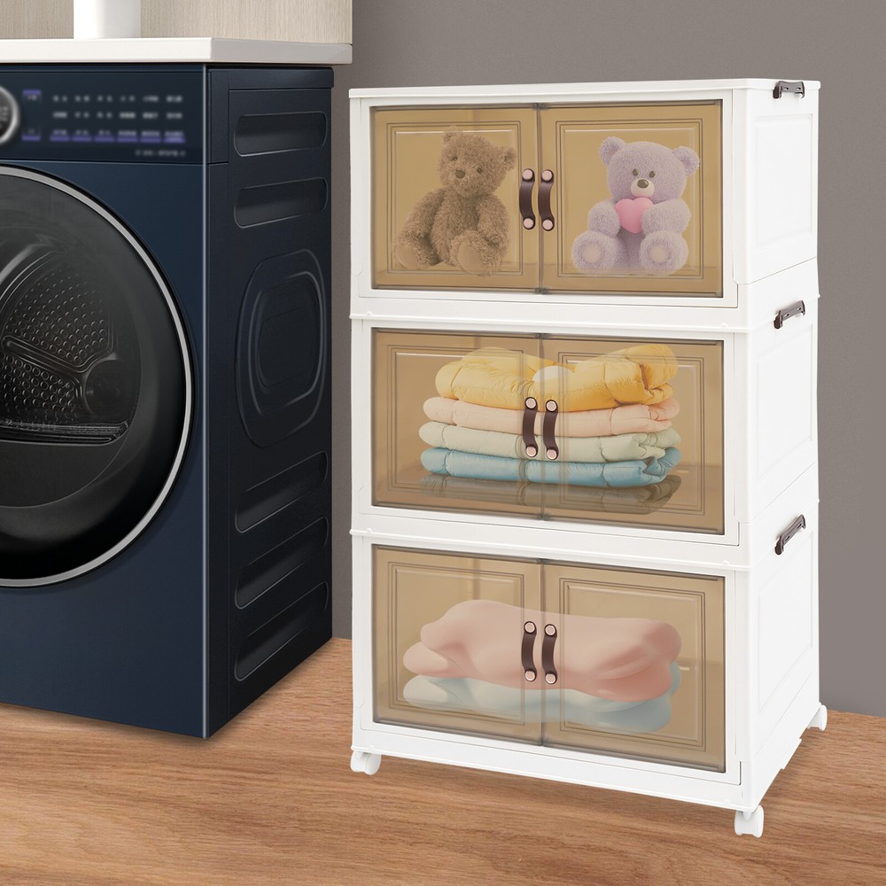 3PCS Foldable Storage Cabinets, Stackable Storage Containers w/ Wheels