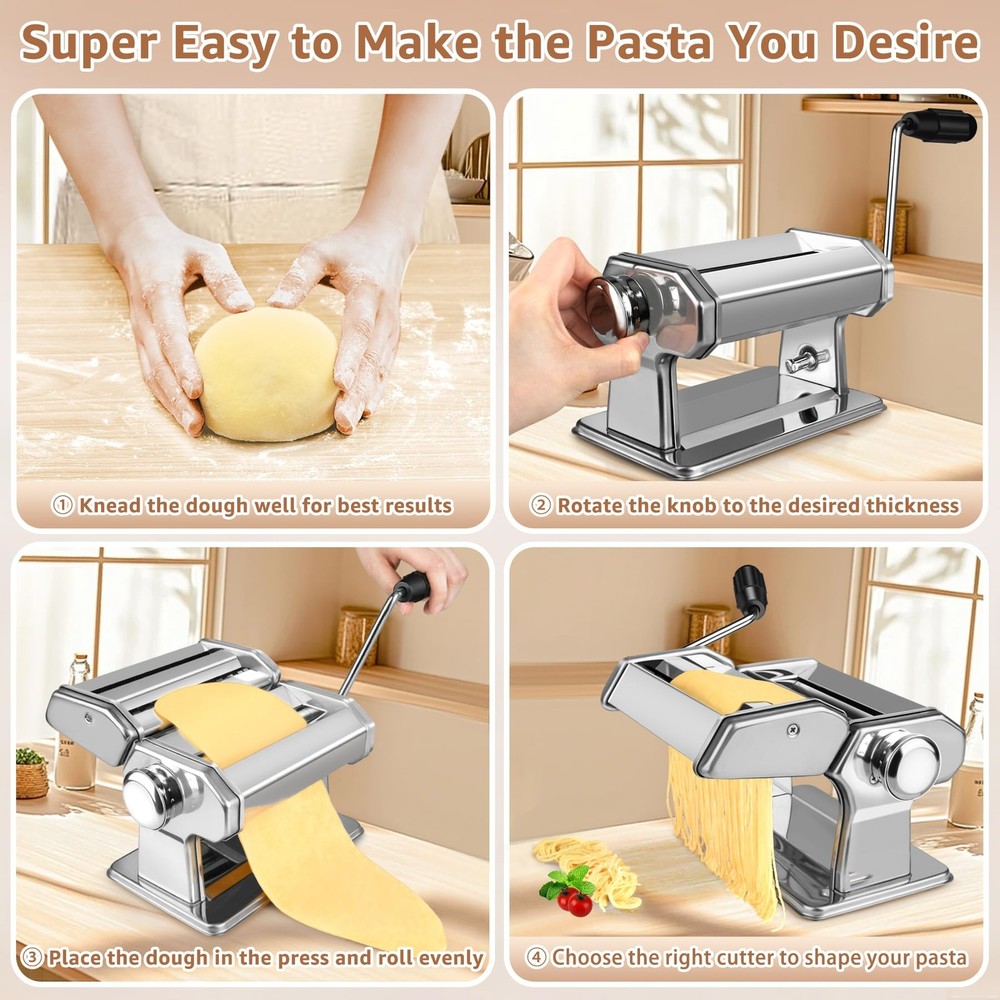 Pasta Maker - 7 Thickness Settings Roller & 2-in-1 Cutter, Silver