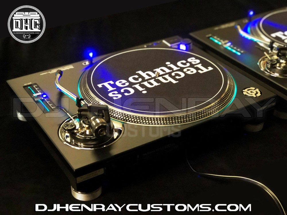 2 custom Matte black & chrome Technics SL 1200 mk2's blue leds laser etch logos