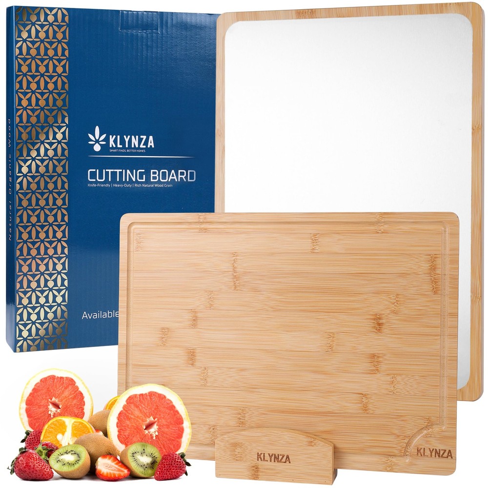 KLYNZA Double-Sided Titanium Cutting Board with Display Stand | Bamboo & Acac...