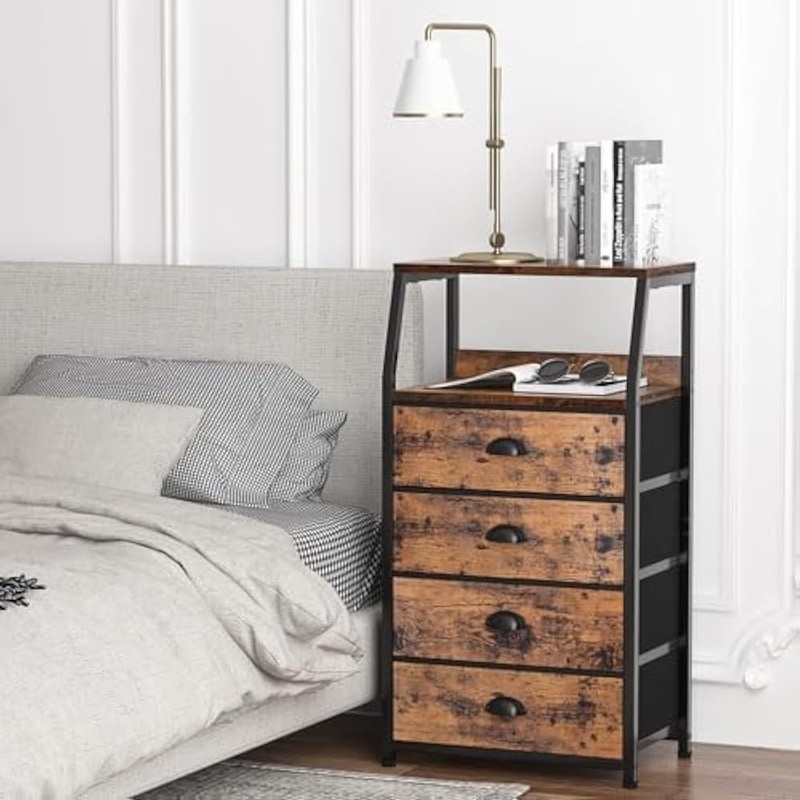 Multi-Functional Nightstand Storage Table W/ Double Layer Shelf & Fabric Drawers