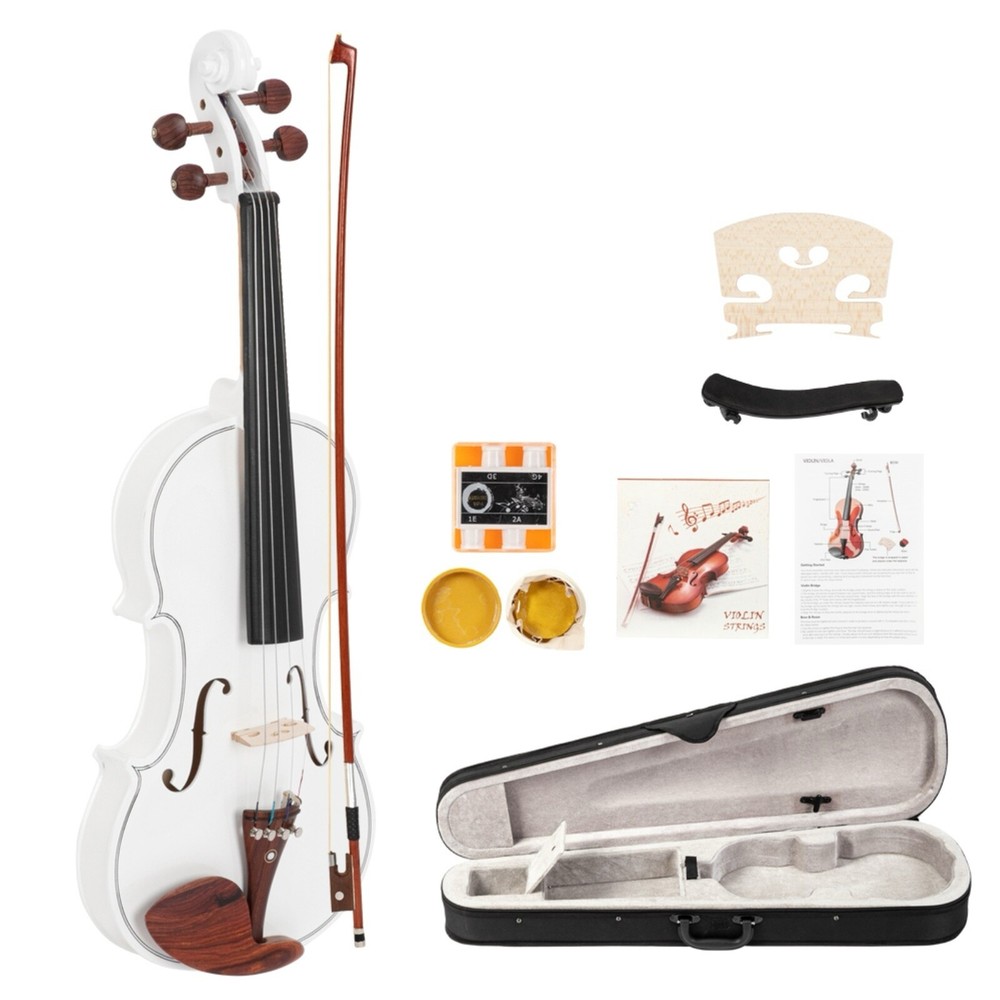 4/4 Solid Spruce Top Acoustic Beginner Violin Set - Tuner, White, Shoulder Rest
