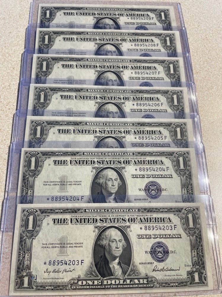 7 ea. 1935F $1.00 Gem  Unc. Silver Certificate 'Star Notes', consecutive serials