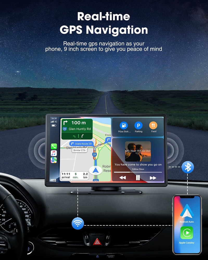 Wireless Apple Carplay Android Auto 9in Touch Screen Car Stereo w/ Backup Camera