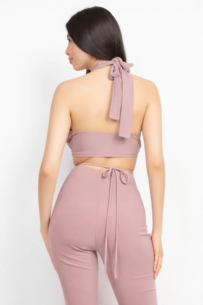 Solid Halter Top And Elastic Leggings Set