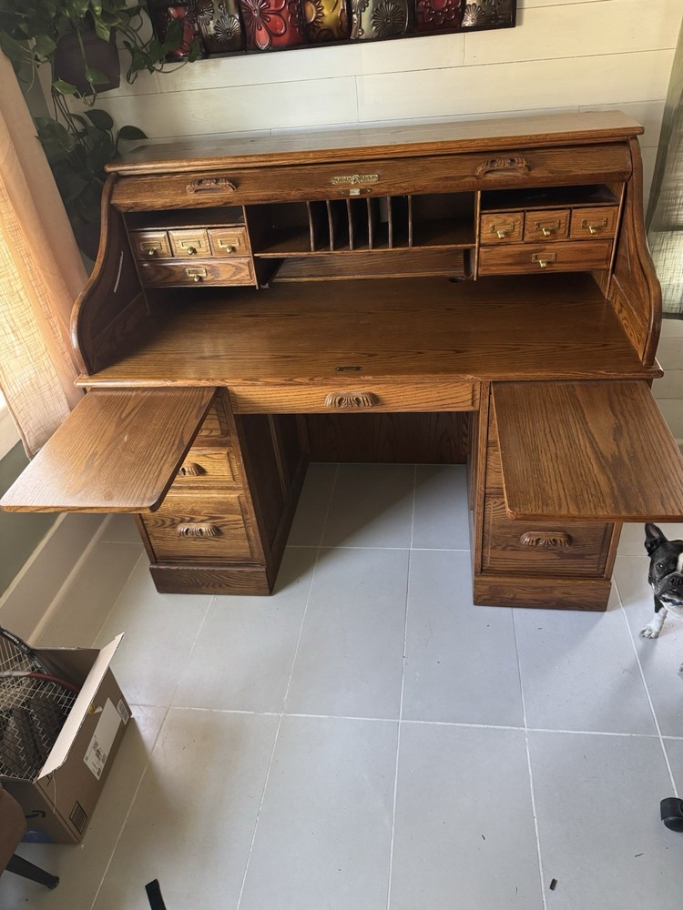 Old Oak Antique Roll Top Desk Solid Oak Brown with Multiple Drawers & Shelves