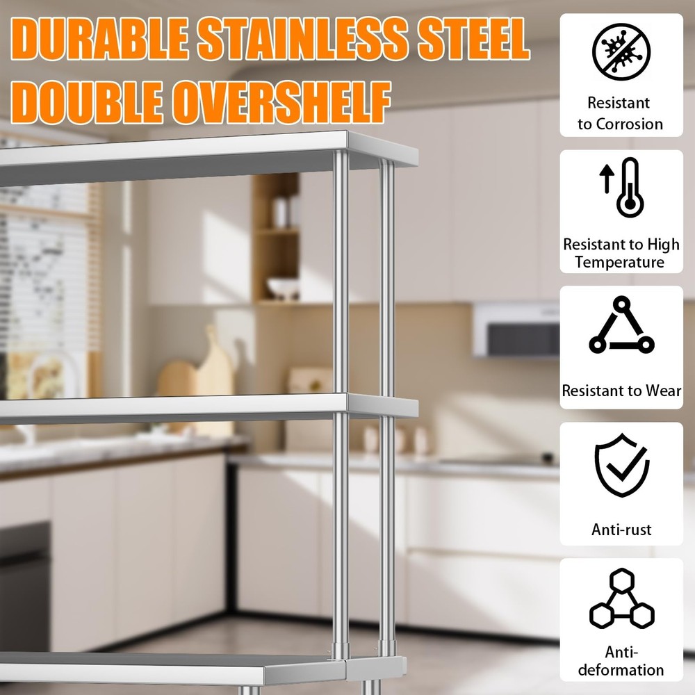 Stainless Steel Overshelf, 60"x12" 2-Tier Adjustable Shelf for Prep & Work Table