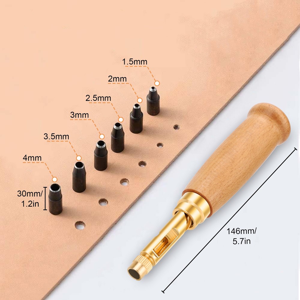 Manual Leather Hole Punch Tool with Handle 6 Replaceable Tips for Belt Bag Craft