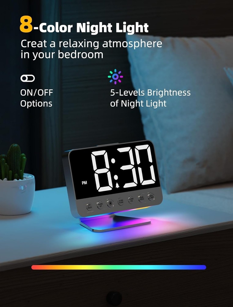 Easy-to-Read Digital Alarm Clock with USB Port & Adjustable Brightness - Silver