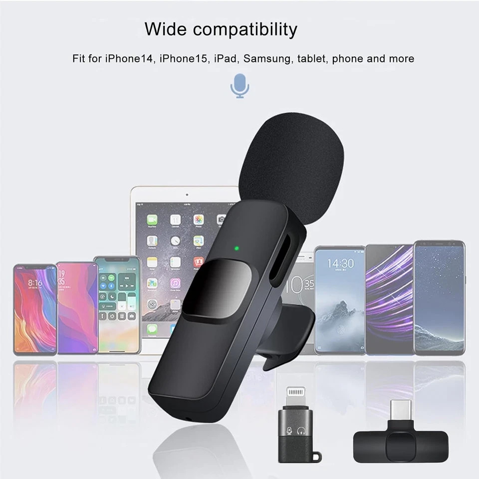 Wireless Lavalier Microphone for iPhone iPad Android Clip On Mic Noise Cancel
