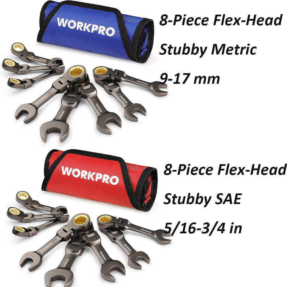 WORKPRO 8PC Flex-Head Stubby Ratcheting Combination Wrench Set SAE/Metric Wrench