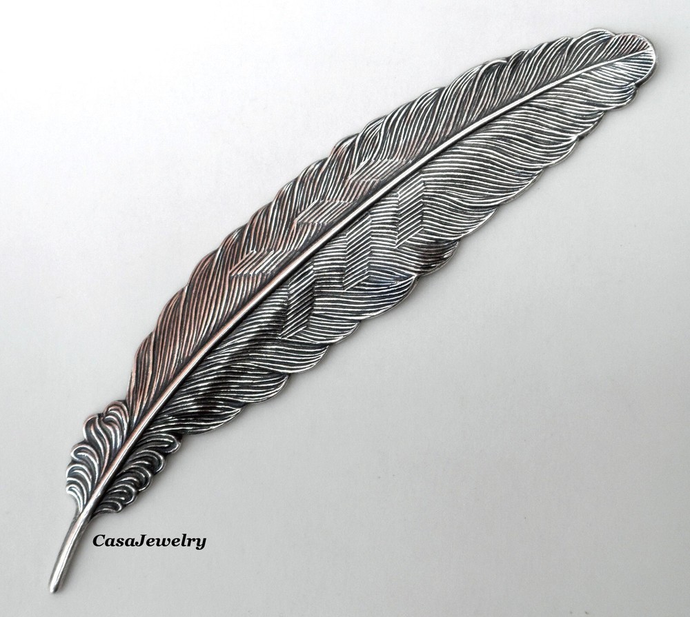 #2175 EXTRA-LONG ANTIQUED .925 STERLING SILVER PLATED FEATHER - 1 Pc