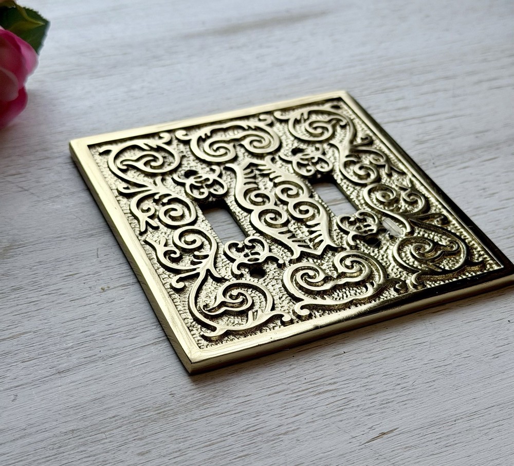 Gold Polished Double Toggle Plate Light Switch Cover Raised Scroll Design VTG