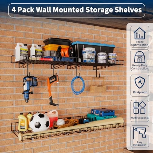 4 Pack Garage Wall Shelf, Wall Mounted Storage Shelves, Heavy Black-4Pack-A