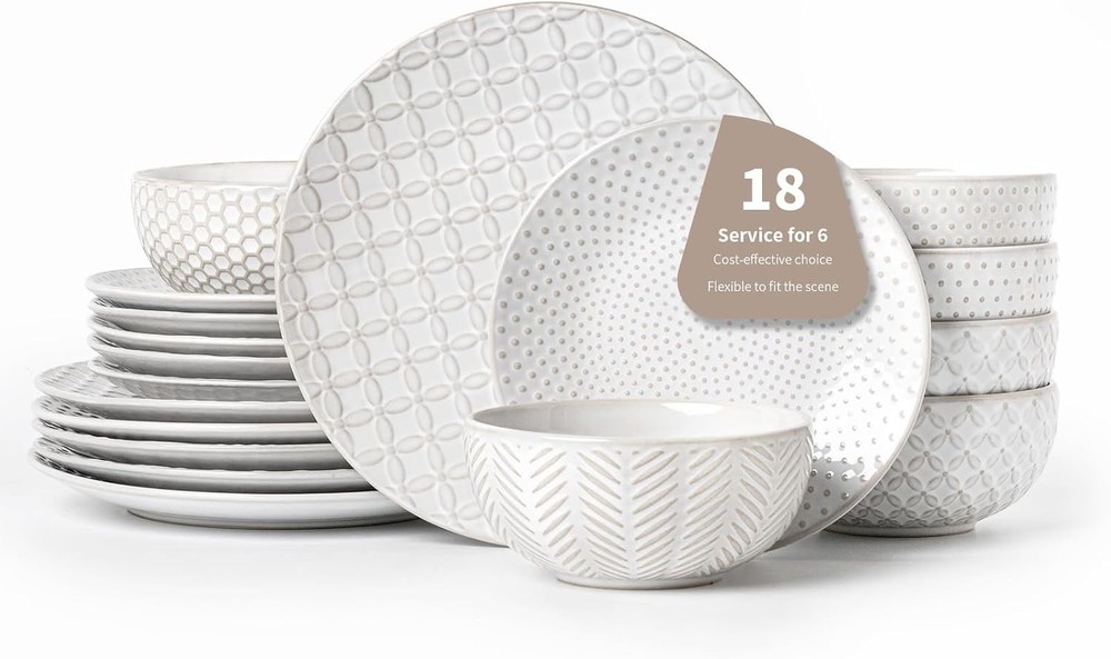 18 Piece Embossed Dinnerware Sets for 6, Scratch-Resistant Plates and Bowls Sets