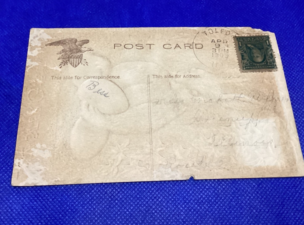 Antique Easter Greeting Card - Embossed Rabbit with eggs