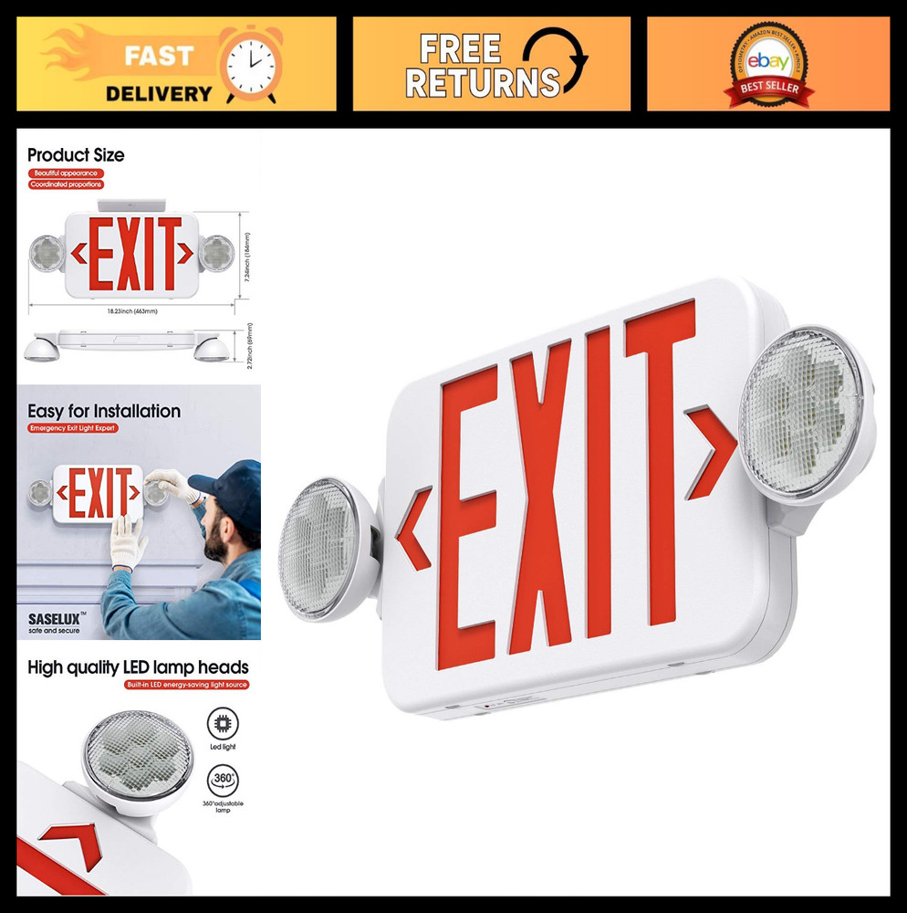 Emergency LED Exit Sign Light Combo - Adjustable Dual Head, Double Sided, Batter