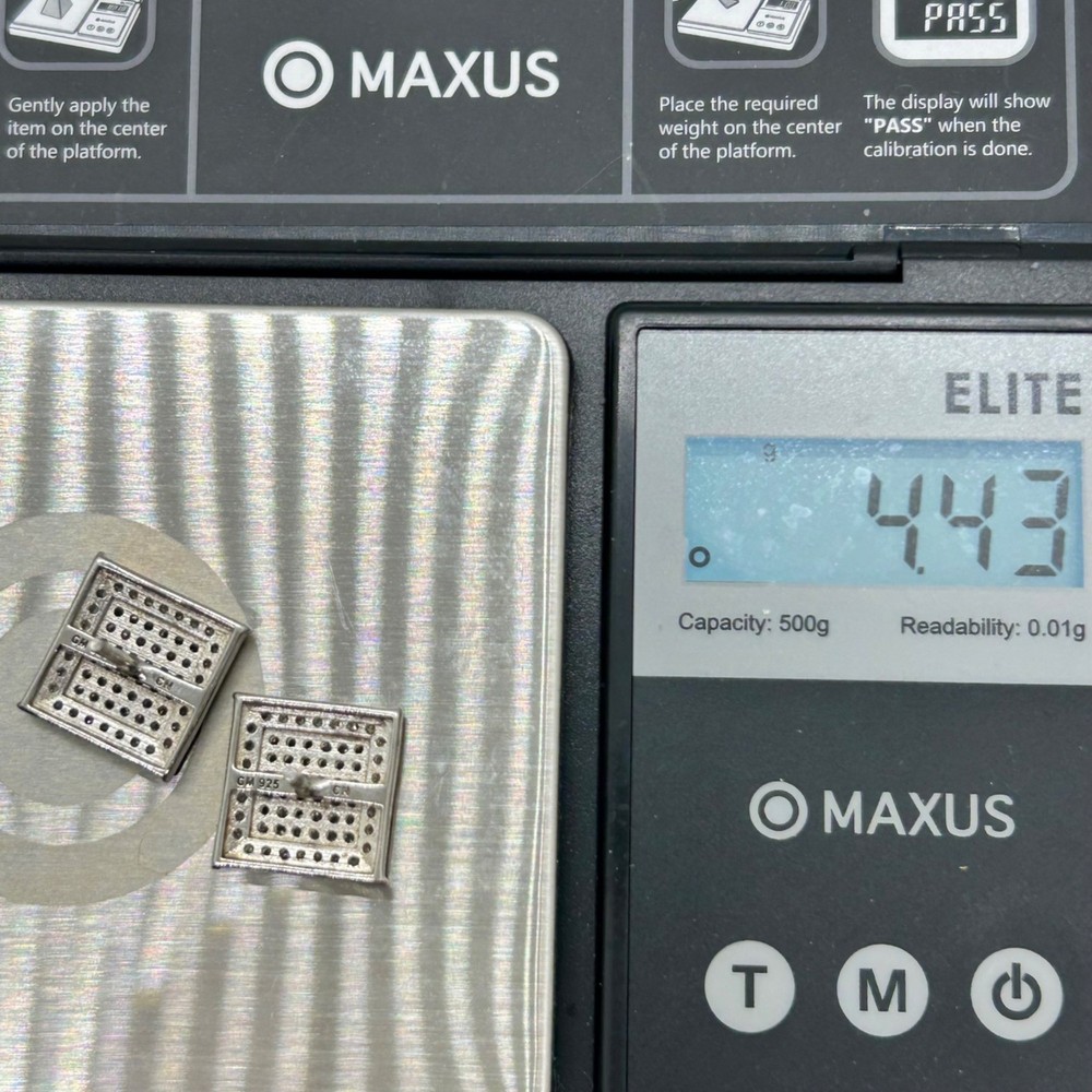 Sterling Silver Square CZ Stud Earrings Iced Out Hip Hop READ Backs Missing